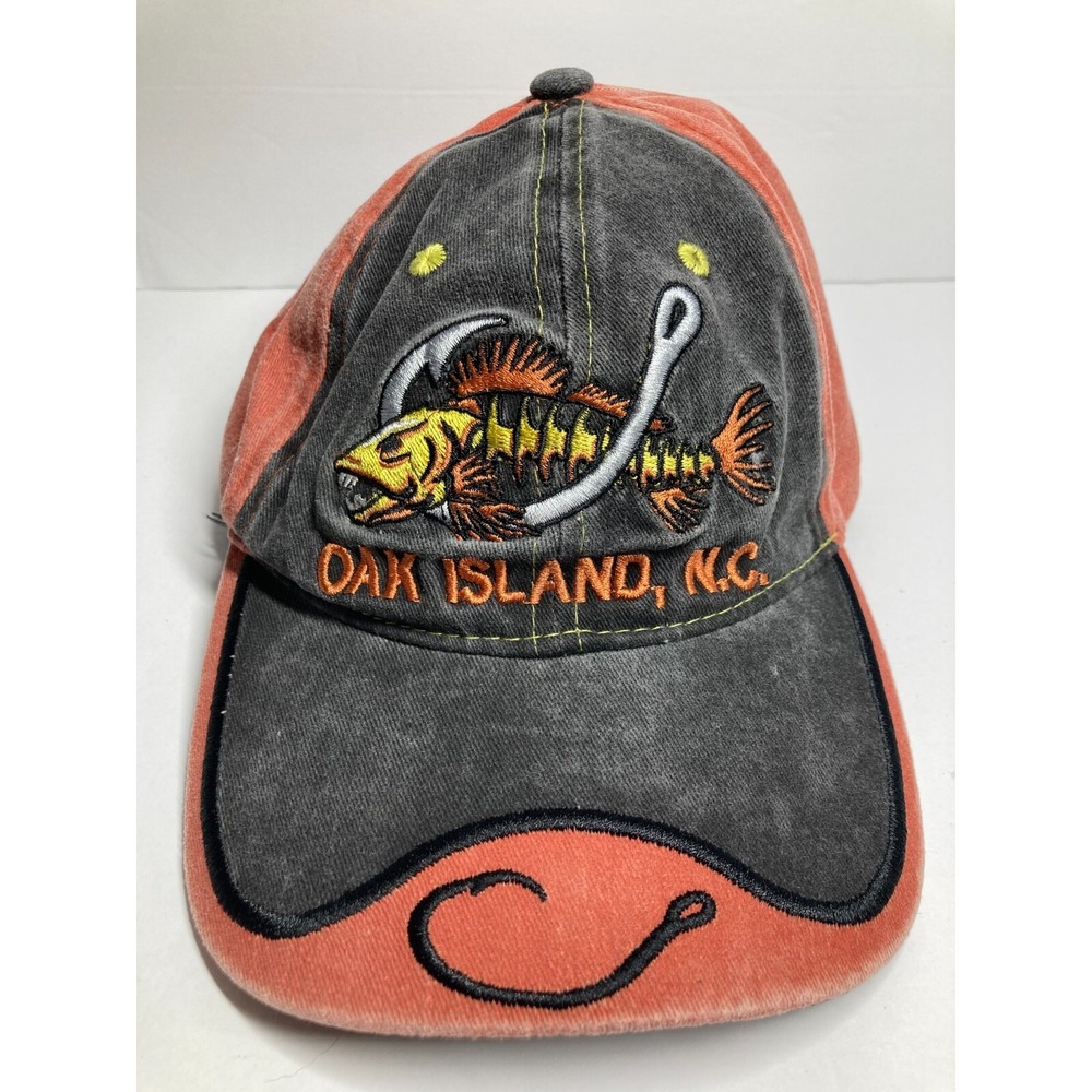 Oak Island NC Cap Orange Brown Adjustable Embroidered Twill Fish Hook Vacation